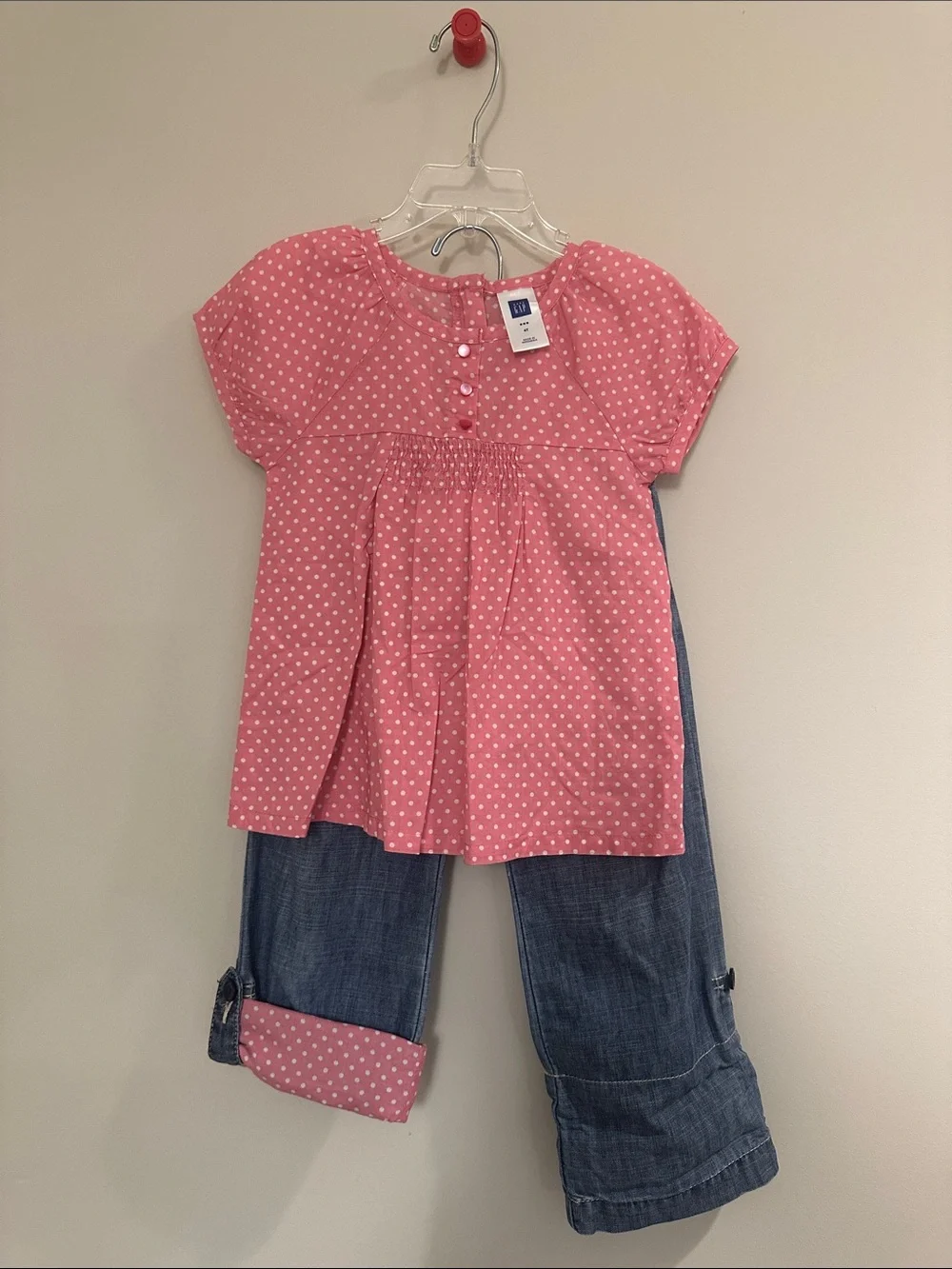 GAP Pink Polka Dot Smocked Peplum Top with matching cuffed/uncuffed denim bottom